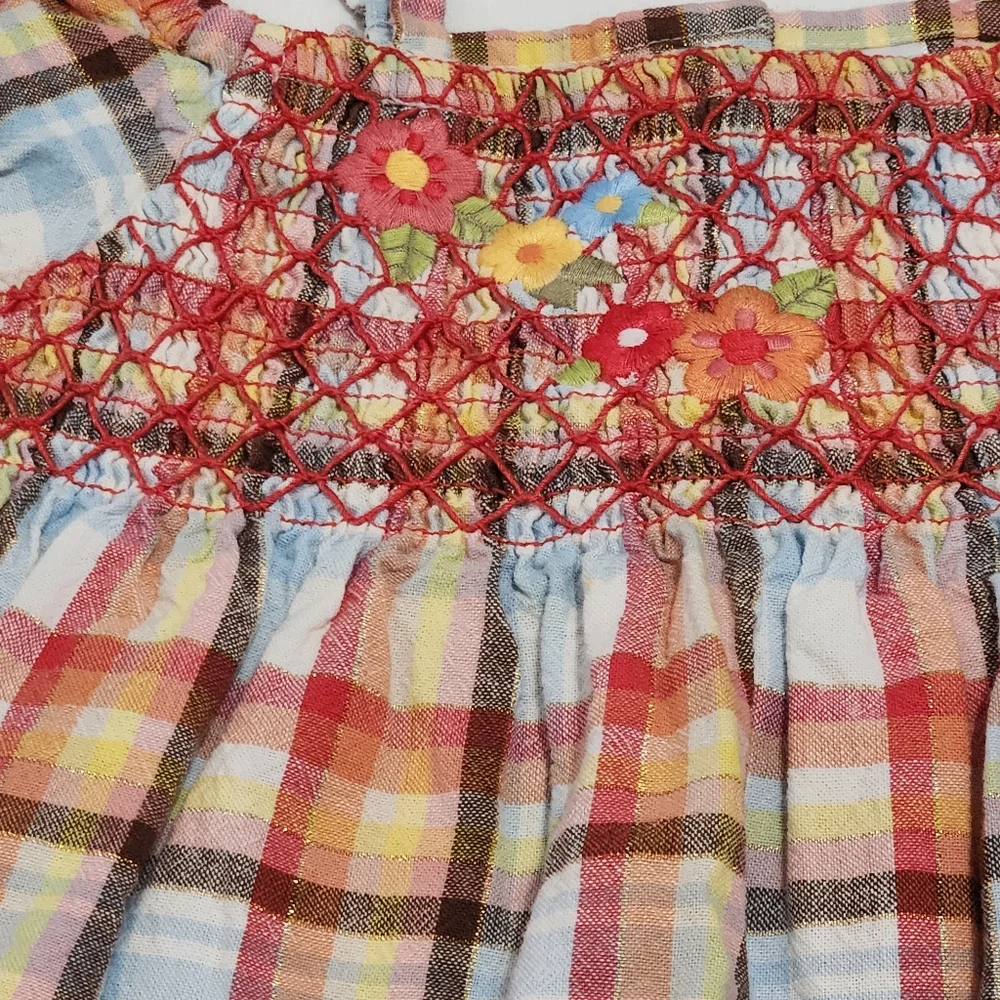 Gymboree Y2k Island Getaway Plaid Embroidered Flowers Smocked Dress 18-24 Months